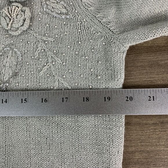 Adrian Delafield Women Knit Sweater Medium Gray Beaded Crochet Embellished - Picture 4 of 9